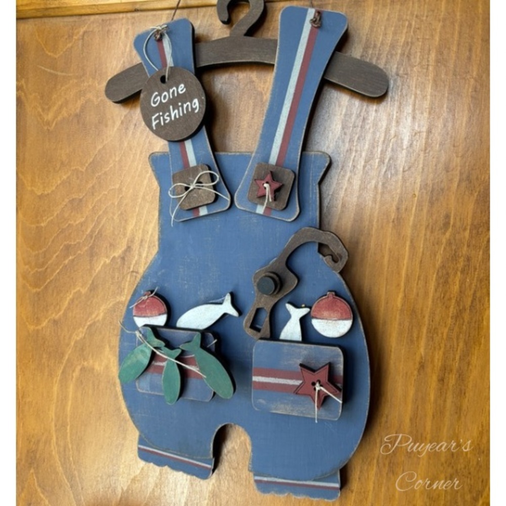 Handmade Blue Wooden 'Gone Fishing' Overalls Wall Décor